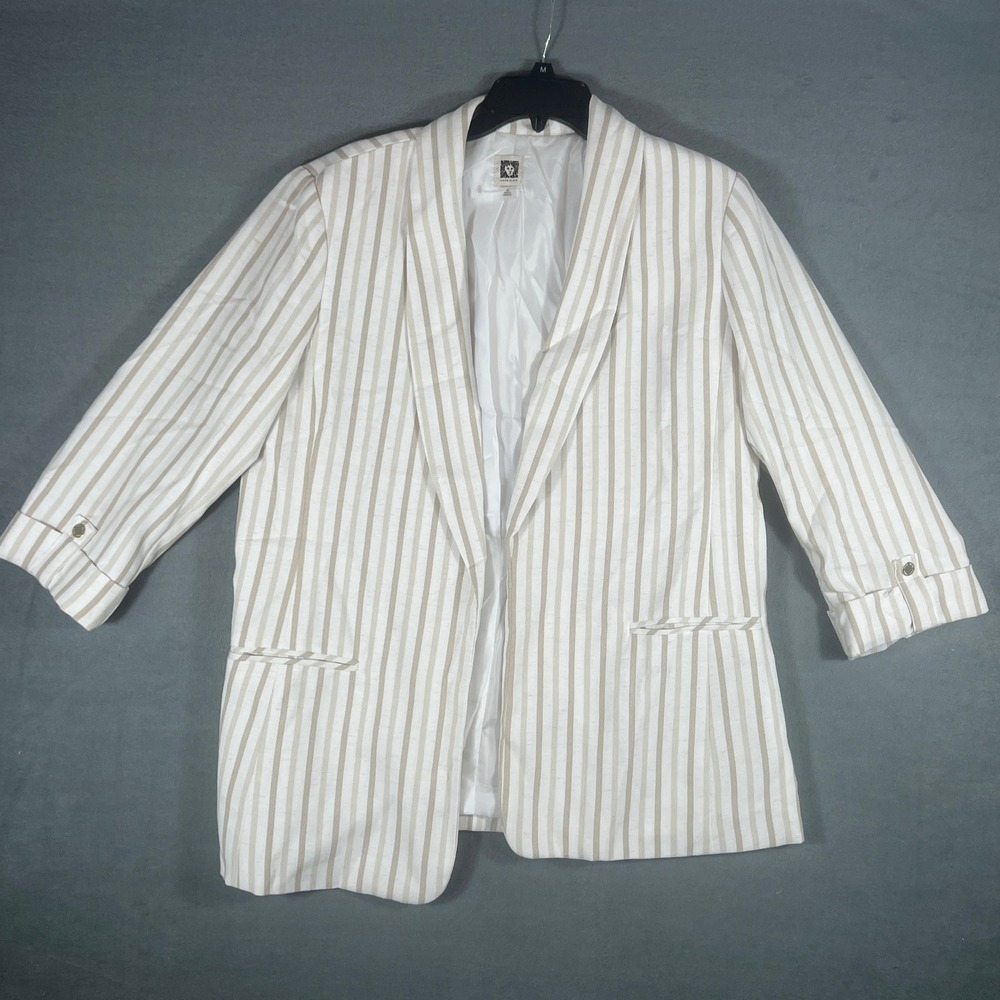 Anne Klein Womens Blazer XL White Tan Striped Relaxed 3/4 Sleeve Open Front
